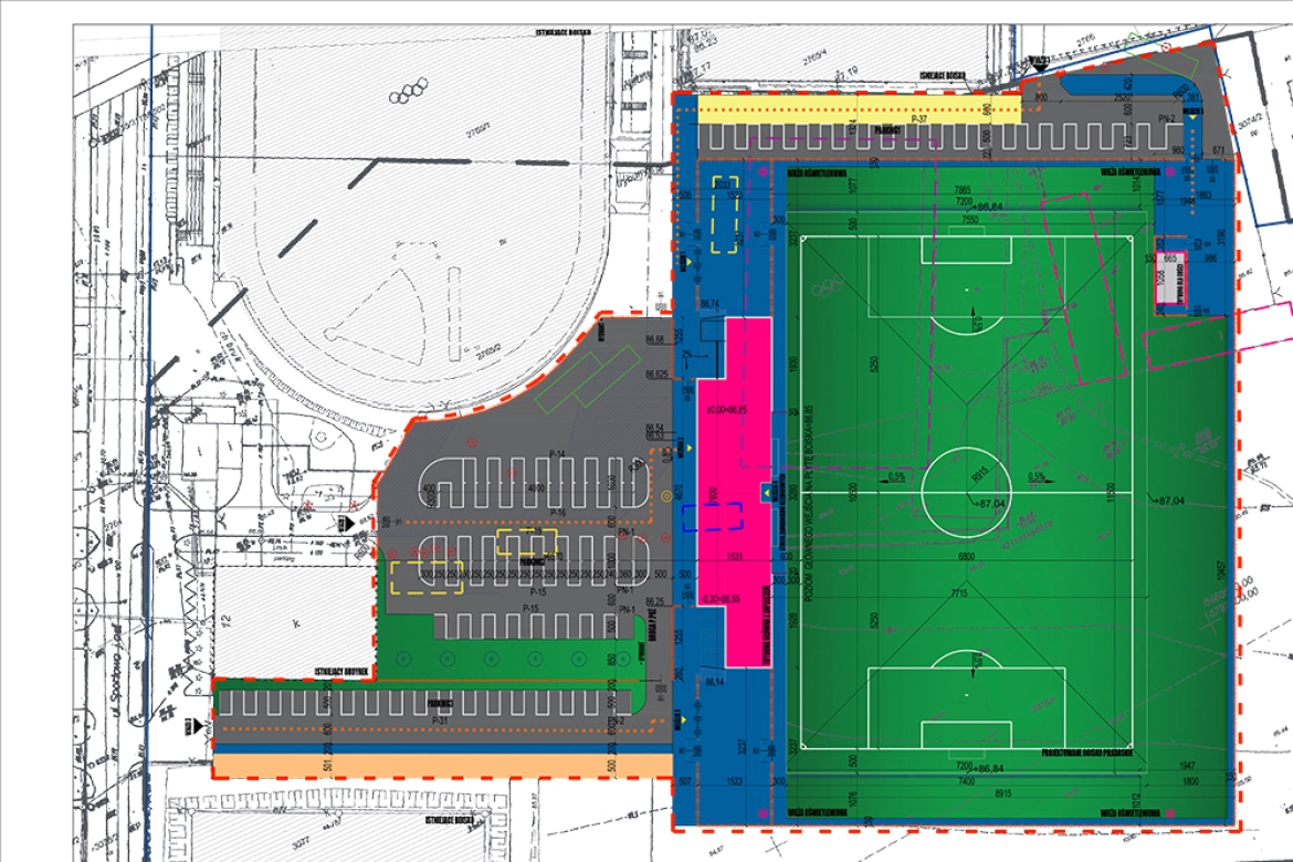 Plan budowy stadionu z miejscami parkingowymi